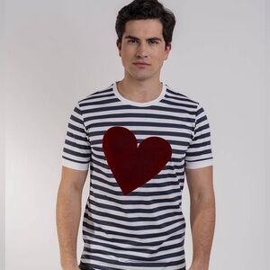 Inimigo Men’s Striped Velvet Heart 100% Cotton Short Sleeve T-Shirt